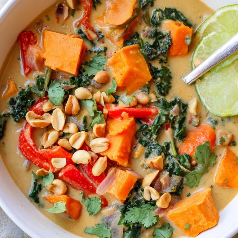 Creamy Thai Peanut Kale Veggie Stew with sweet potato, ready to enjoy.