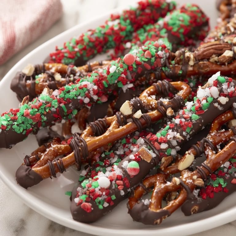 Delicious chocolate-coated pretzel thins, perfect for snacking or holiday gift giving.