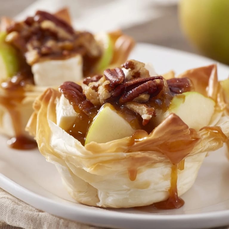 Delicious puff pastry cups filled with brie, sweet apples, and rich caramel sauce.   