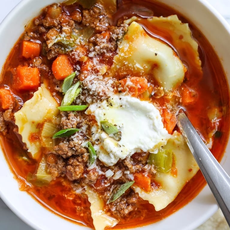 Hearty Lasagne Soup with Kimchi Crunch, infused with bold flavors and spicy crunch.  