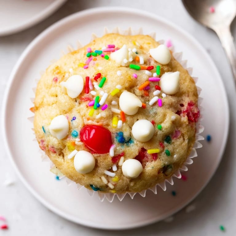 Moist cherry-flavored muffins bursting with sprinkles, ideal for festive baking occasions.  