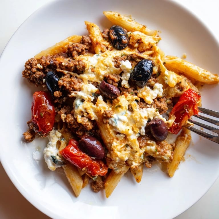 Savory One-Pot Greek Gyro Pasta Bake topped with herbs, perfect for family dinners.