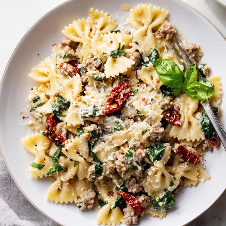 Delicious Tuscan Sun-Dried Tomato & Sausage Pasta Skillet garnished with fresh herbs.  