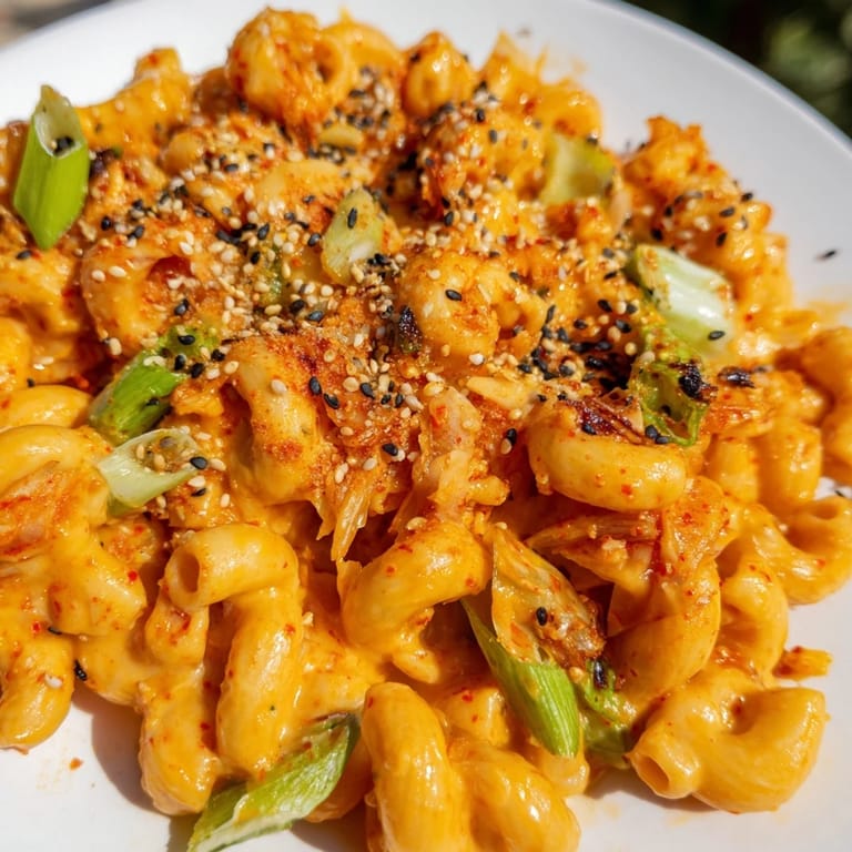 Creamy Spicy Kimchi Mac & Cheese blending savory cheeses with zesty kimchi flavors.  