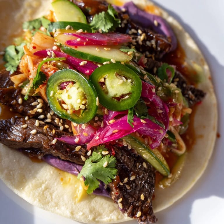 Savory Korean bulgogi tacos bursting with flavor, drizzled with creamy ube sauce.  