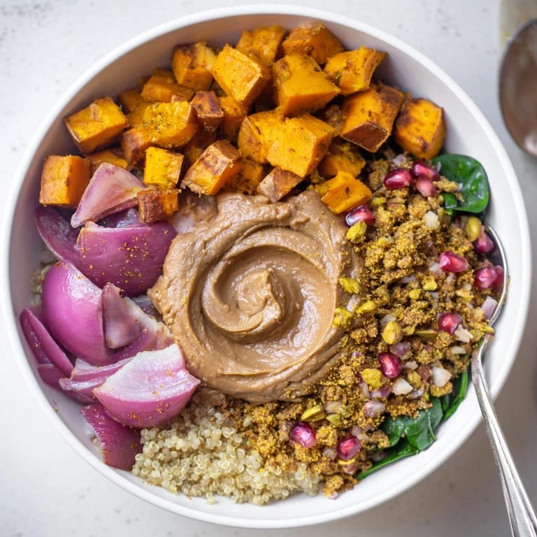 Warm, vibrant spiced winter bowls topped with pistachio-maple crumble and fresh greens.  