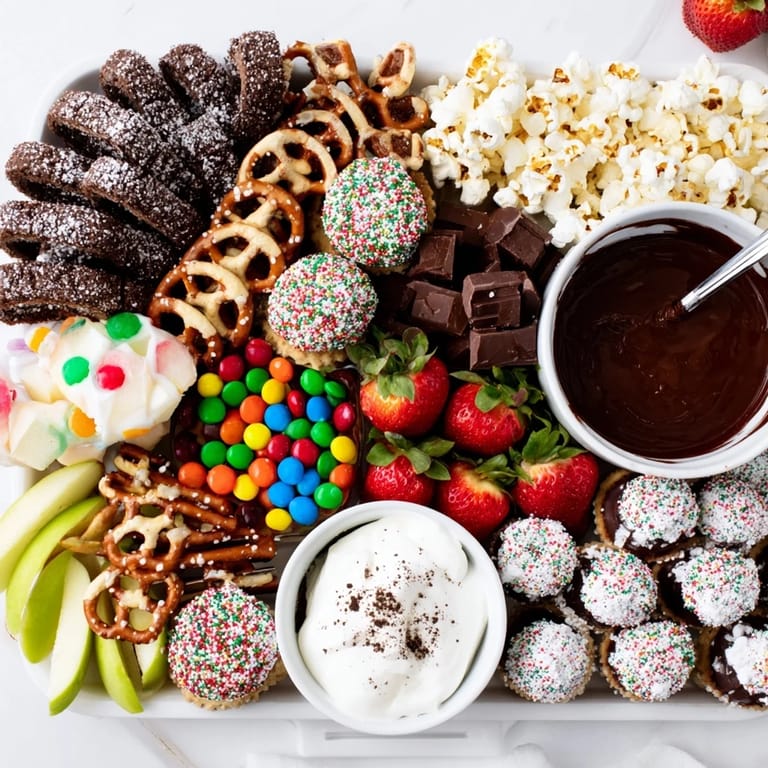 Beautifully arranged dessert board featuring snacks, candies, and sweet dips for celebration.