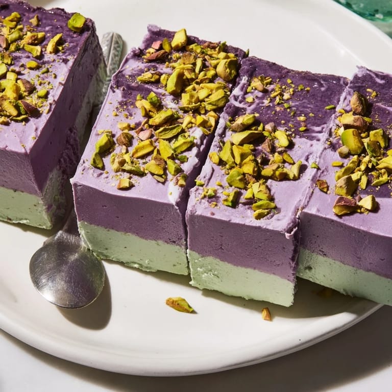 Colorful frozen dessert bars blending ube and pistachio for a delightful summer treat.