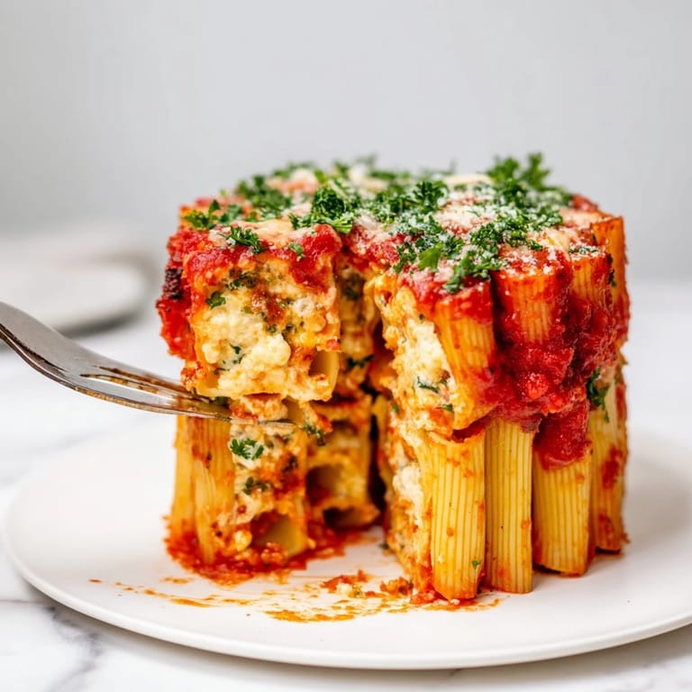 Golden-baked honeycomb pasta cake topped with gooey mozzarella and fresh parsley.  