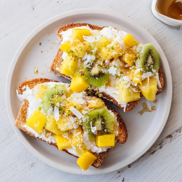 Vibrant Yogurt-Custard Toast 2.0, featuring creamy coconut yogurt and juicy mango slices.  
