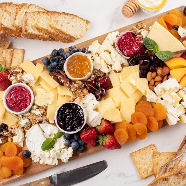 Colorful assortment of jams and fresh fruits atop a rustic serving platter.  