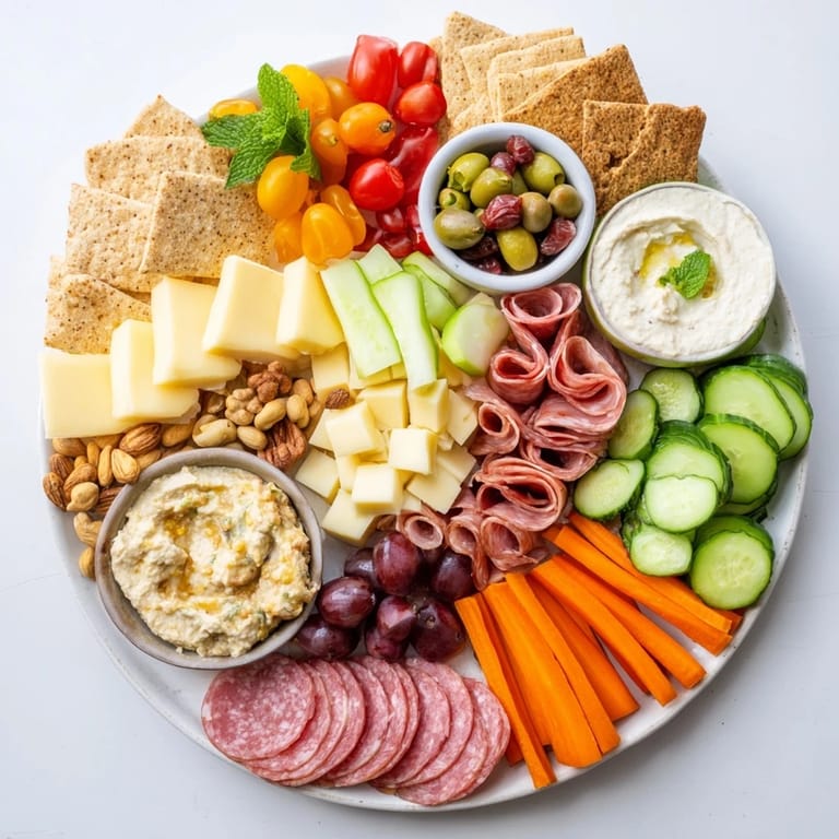 Beautifully arranged girl dinner platter showcasing snacks, meats, cheeses, and fresh veggies.  