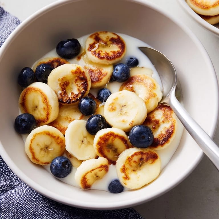 Delightful mini pancakes served with creamy milk and a drizzle of maple syrup.  