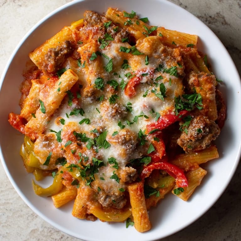 A close-up of baked rigatoni with sausage and peppers, showing browned cheese and savory, hearty ingredients.