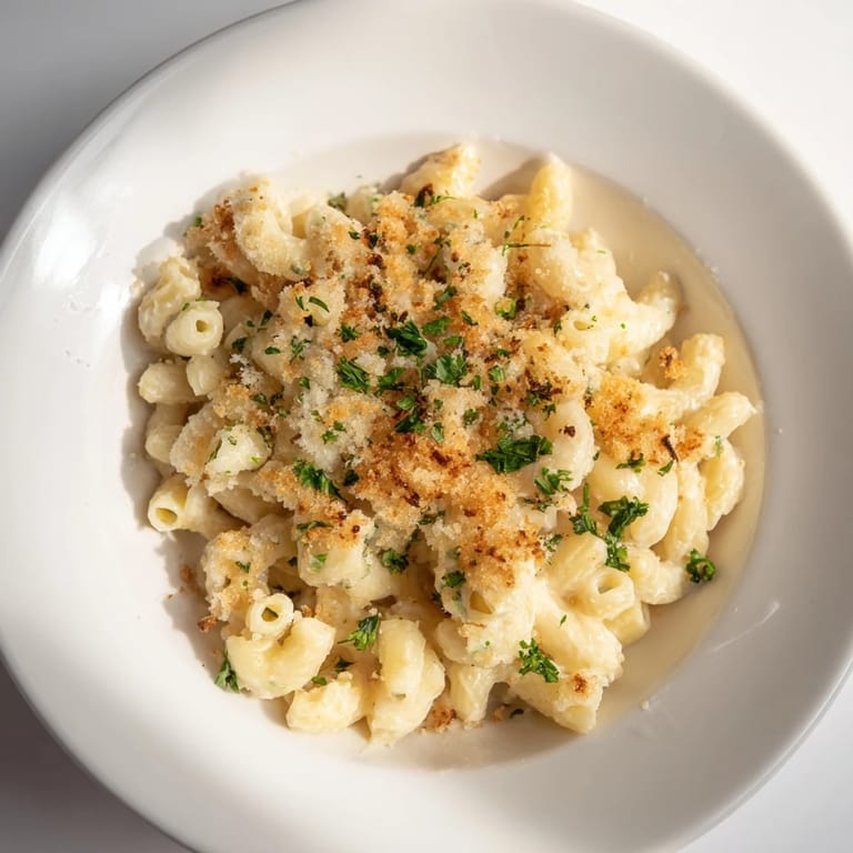 A close-up of piping-hot Truffle Macaroni & Cheese, inviting with its melted cheese topping.