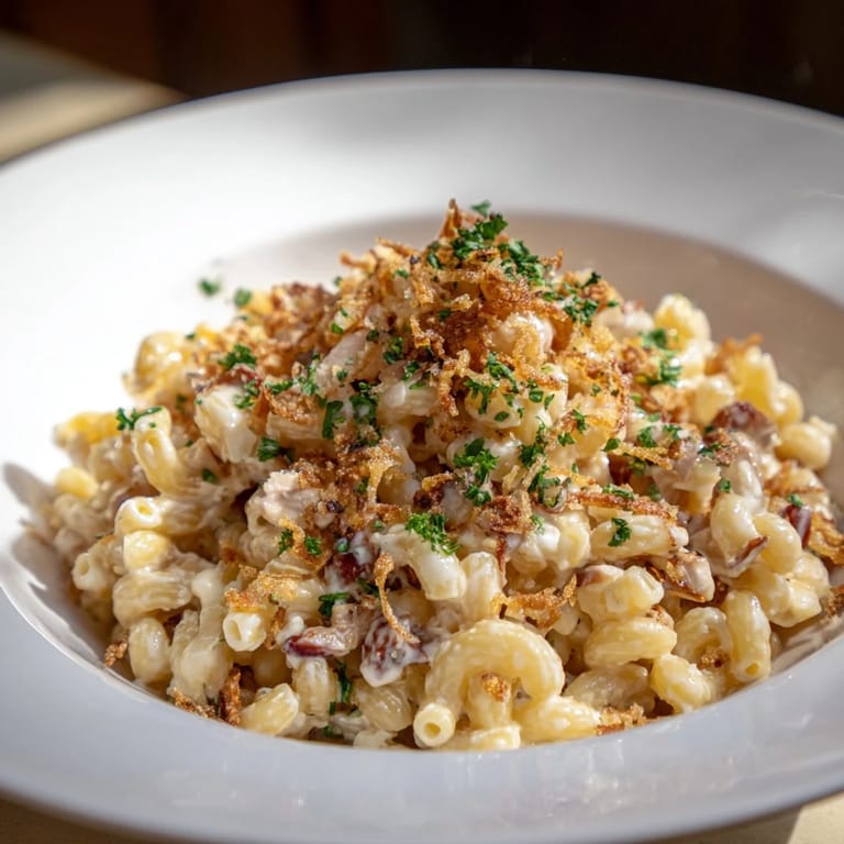 A close-up of creamy One-Pot Honey BBQ Chicken Mac and Cheese, boasting tender chicken pieces.