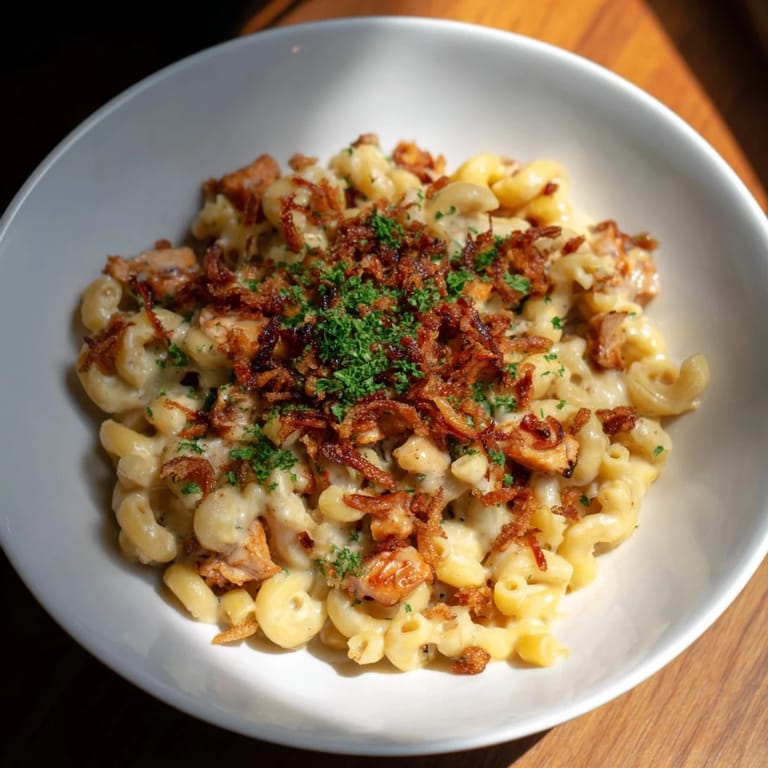 Smoky and sweet One-Pot Honey BBQ Chicken Mac and Cheese, served from a large, deep skillet.