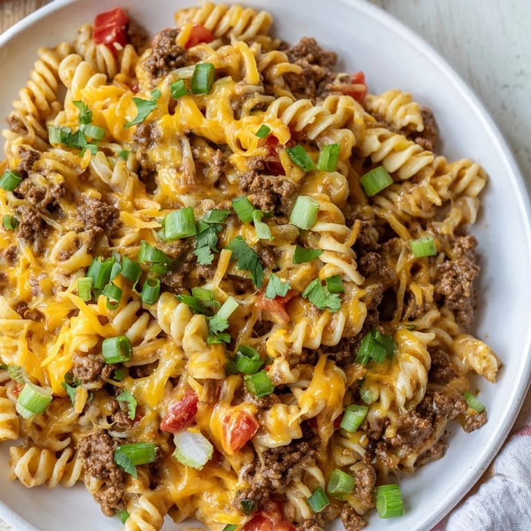 Golden, cheesy deliciousness: a close-up shot of the flavorful Cheesy Taco Pasta Skillet with garnishes.