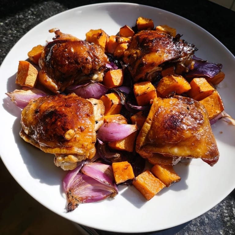 A vibrant close-up showcasing the sweet glaze on the Maple Glazed Chicken & Sweet Potato Bake.
