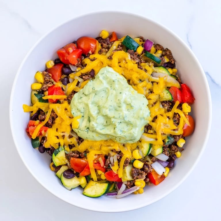 One-pan Veggie-Packed Taco Skillet loaded with vibrant vegetables and avocado yogurt, a delicious meal.