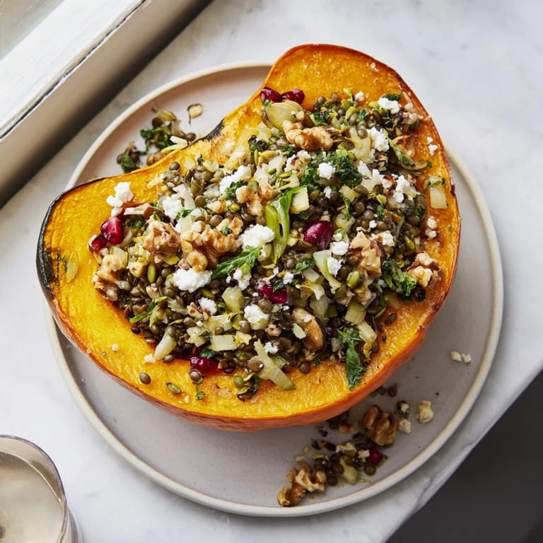 Close-up on flavorful Lentil & Walnut Stuffed Acorn Squash, perfect for a festive fall dinner.