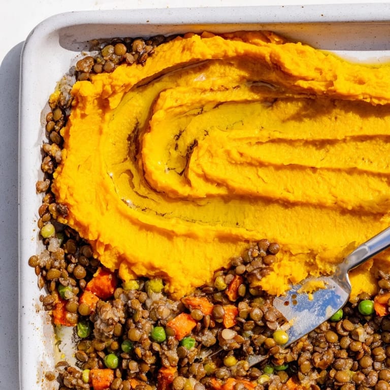 A close-up of a Veggie Shepherds Pie reveals a creamy sweet potato topping with savory lentil base.
