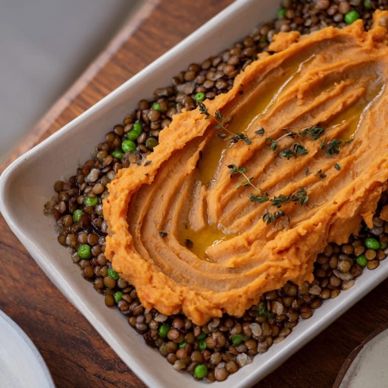 Imagine a hearty bowl of Veggie Shepherds Pie; the luscious lentil filling is topped with fluffy sweet potato mash.