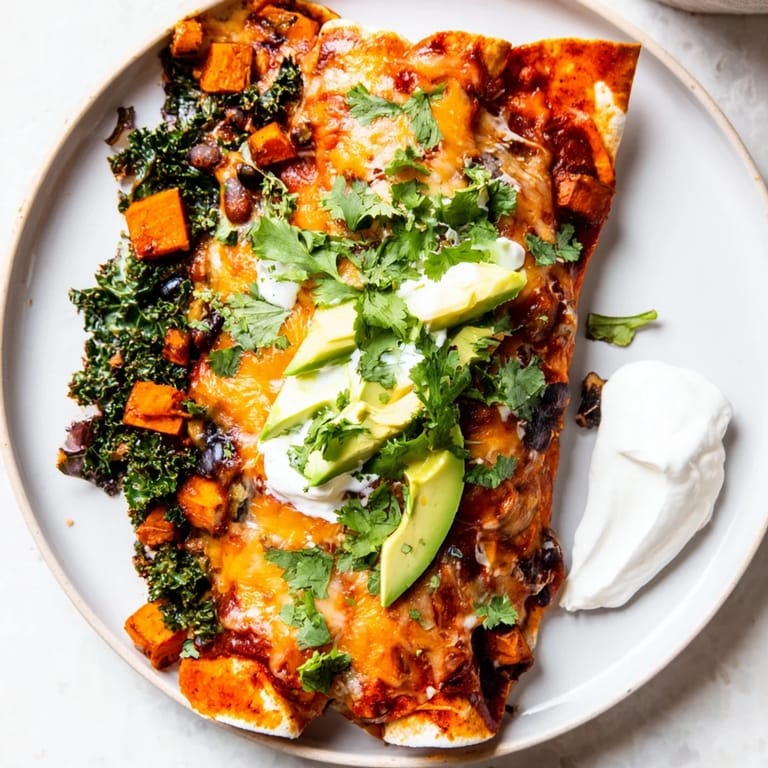 Spicy aroma of One-Pan Sweet Potato, Black Bean & Kale Enchiladas, bubbling with rich enchilada sauce and veggies.