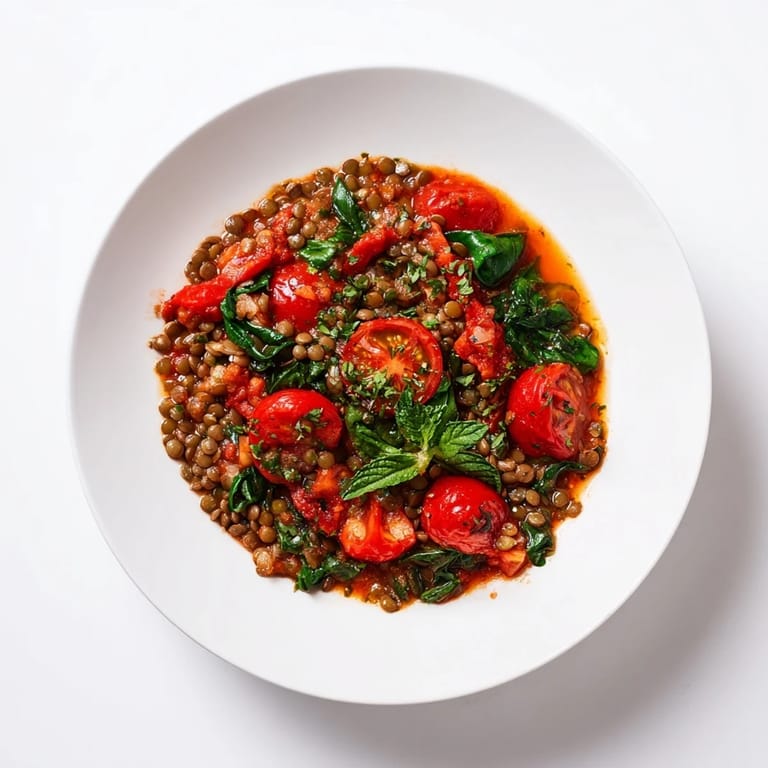 Warm and inviting Lentil-Tomato Skillet, ready to serve with crusty bread and fresh basil garnish.