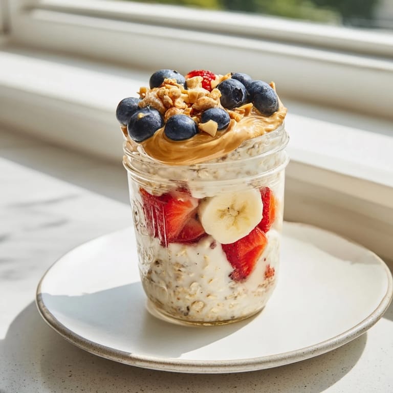 Freshly prepared overnight oats jars showcasing a healthy breakfast of oats, fruit, and peanut butter.