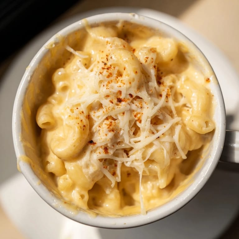 Close-up of bubbling mug mac & cheese, loaded with gooey cheddar, ready in minutes for a fast lunch.