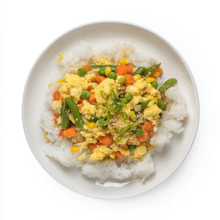 Close-up of golden-brown Frozen Veggie Fried Rice, garnished fresh green onions and sesame seeds.