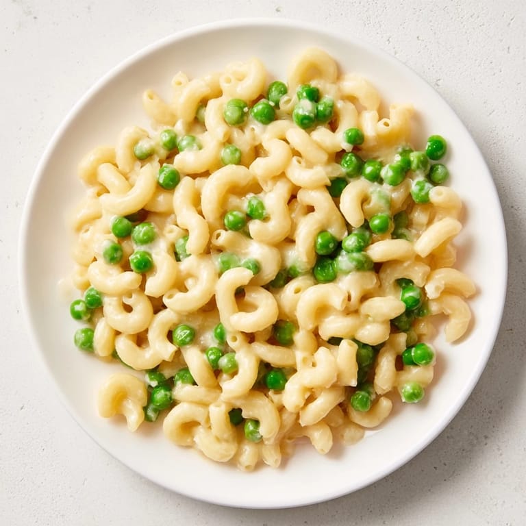 Close-up of golden Parmesan sprinkled on a plate of fresh, inviting Macaroni & Peas.