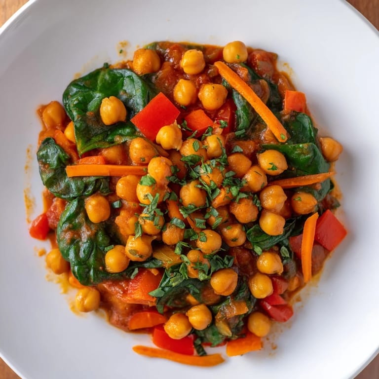 A warm, filling bowl of Vegetarian Chickpea & Spinach Skillet with steam rising, a wholesome and delicious meal.