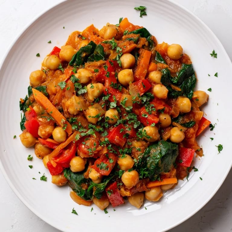 Flavorful Vegetarian Chickpea & Spinach Skillet, showcasing bright red tomatoes and tender spinach, perfect comfort food.