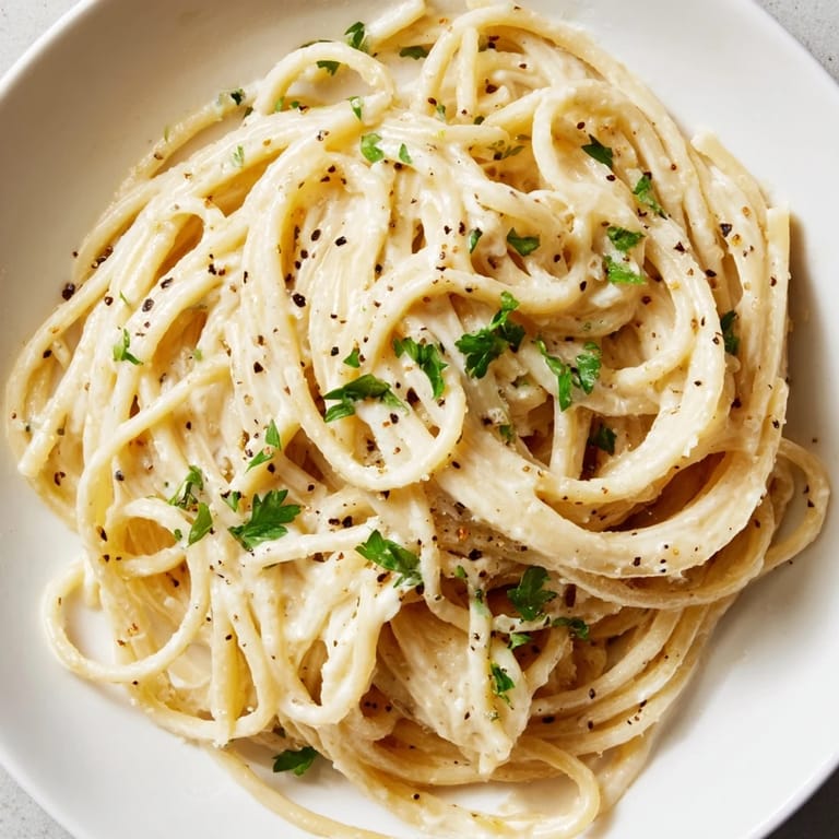 Golden Creamy Three-Cheese Spaghetti tossed with Parmesan and cheddar, looks wonderfully cheesy and delicious.