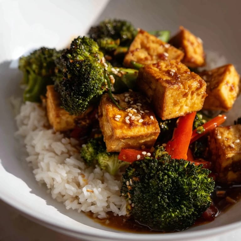 Enjoy a comforting plate of sesame tofu and broccoli, garnished with sesame seeds and fresh scallions.