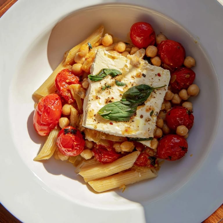Spoonful of baked feta chickpeas & tomatoes, a delicious Mediterranean main served over rice.