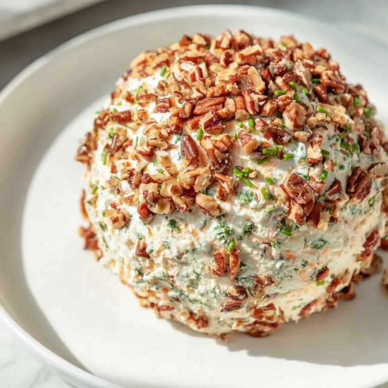 Delicious, easy-to-make cheese ball with ranch, rolled in nuts and waiting to be devoured.
