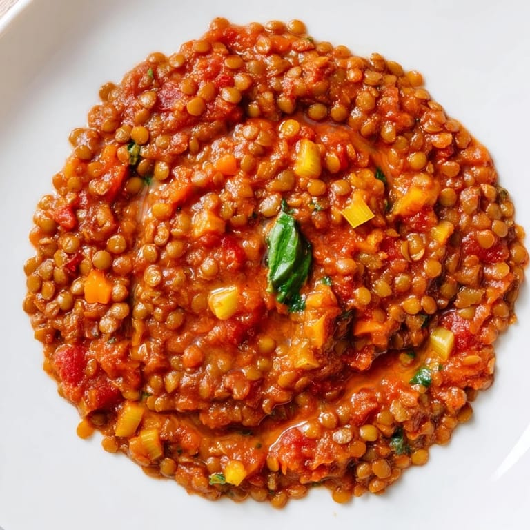 Steaming bowl of Creamy Tomato Basil Lentil Bolognese, rich tomato sauce with hearty lentils.