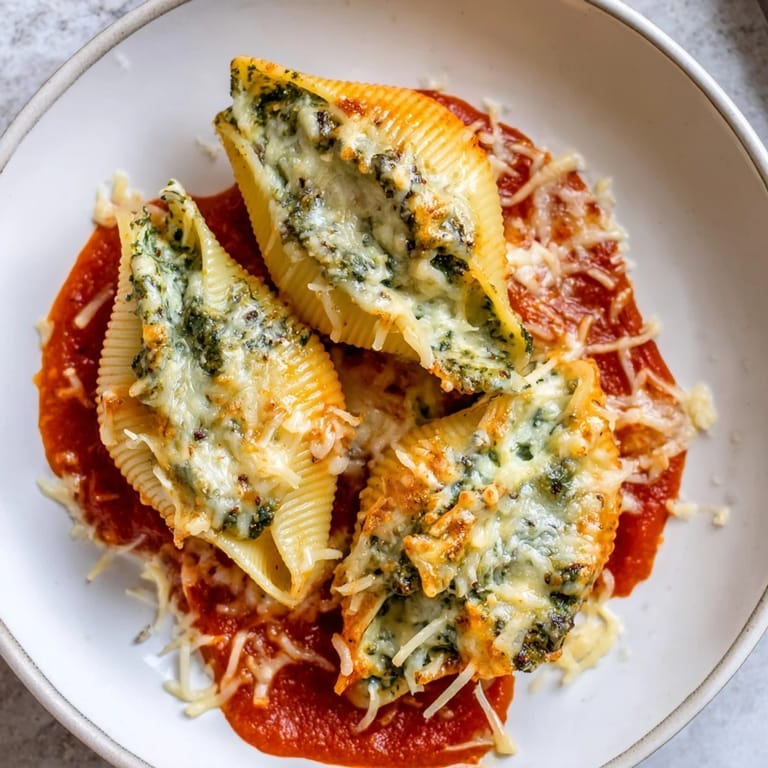 Creamy ricotta and pesto filling burst from pasta shells in this savory baked dish.