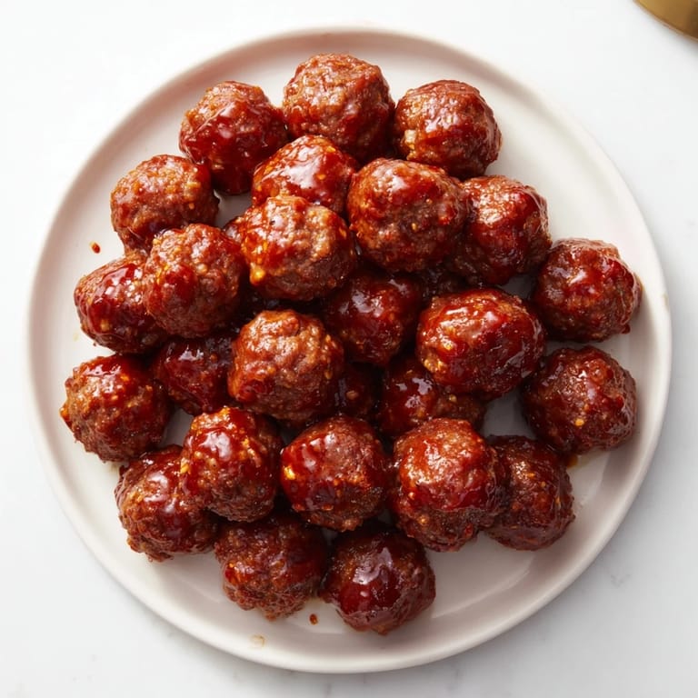 A close-up of delicious Cherry-Glazed Meatballs, vibrant in their red cherry sauce, ready to eat.