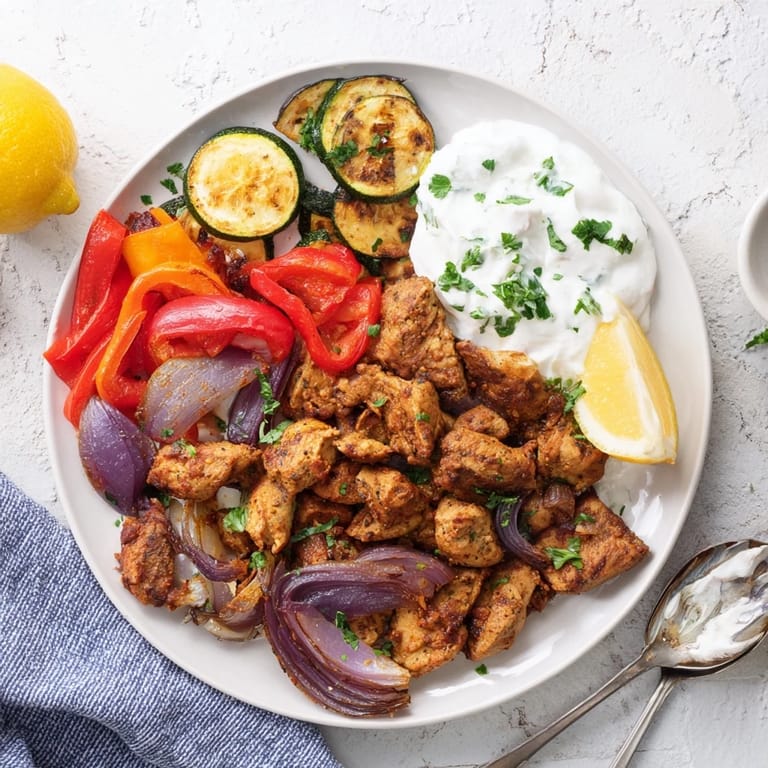 Vibrant sheet pan chicken shawarma with colorful peppers and onions, ready to be enjoyed.