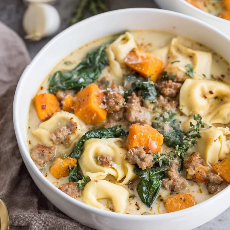 Ladleful of Creamy Sausage Tortellini Soup, its rich broth showcasing tender tortellini and vibrant sweet potatoes.