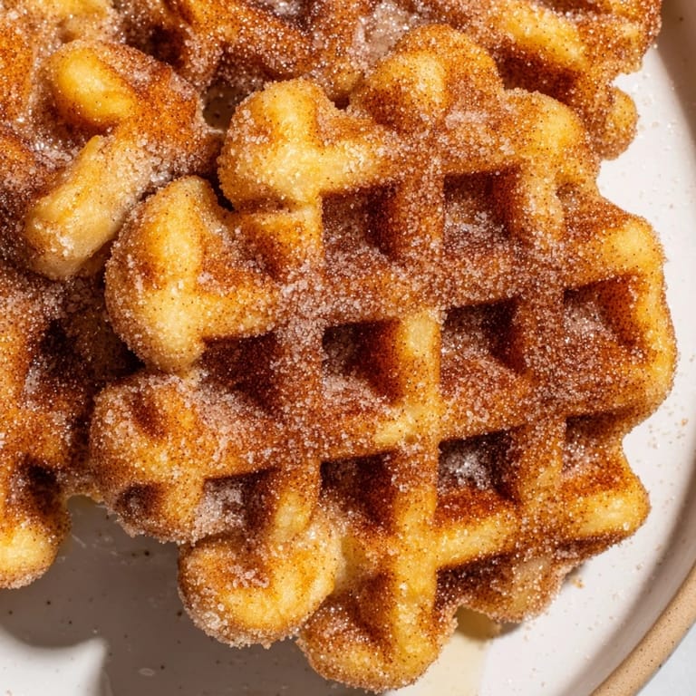 Sweet and crispy, these Express Cinnamon Sugar Churro Waffles are the perfect breakfast treat, beautifully presented.