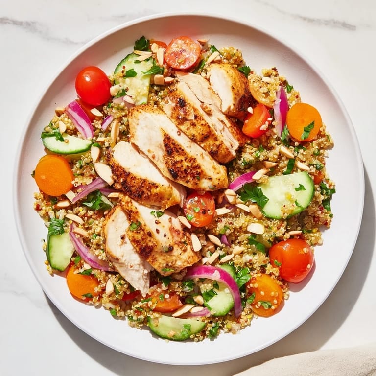 Close-up of a delightful bowl of Crunchy Quinoa Chicken Salad, a healthy and satisfying meal option.