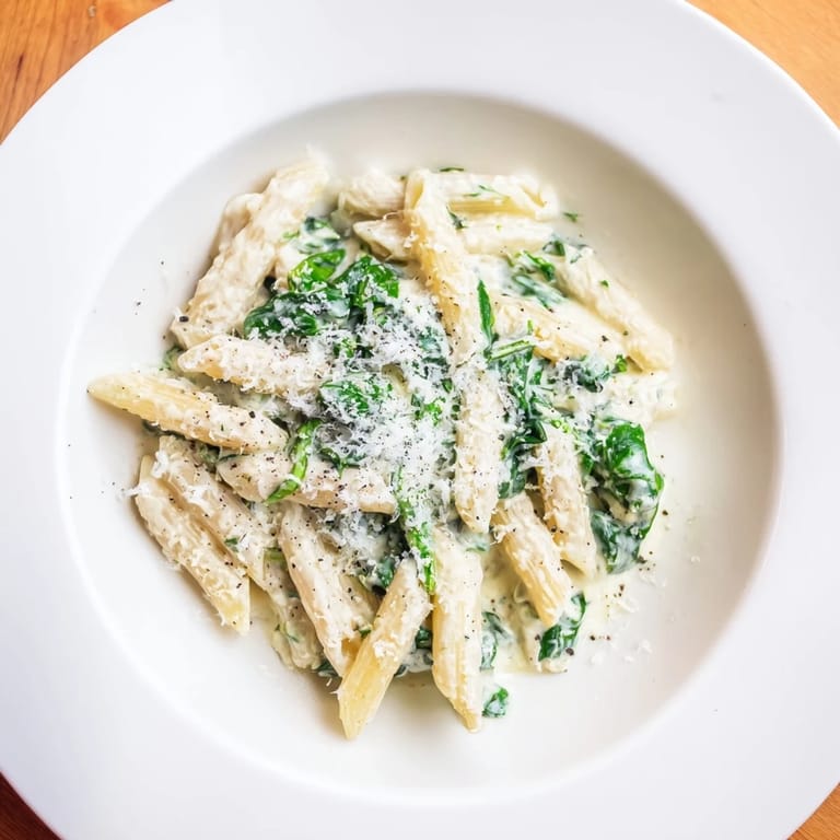 This delicious Cottage Cheese Creamy Spinach Pasta is perfectly coated with fresh, flavorful sauce, ready to eat.