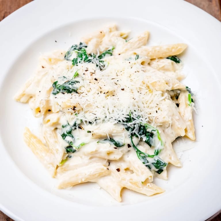 Imagine a bowl of Cottage Cheese Creamy Spinach Pasta: a comforting vegetarian meal, garnished with parmesan.