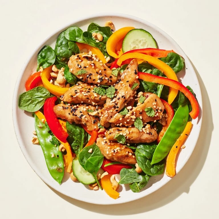 A flavorful High-Protein Chicken Stir-Fry Salad Bowl showcasing tender chicken and vibrant vegetables, ready to eat.