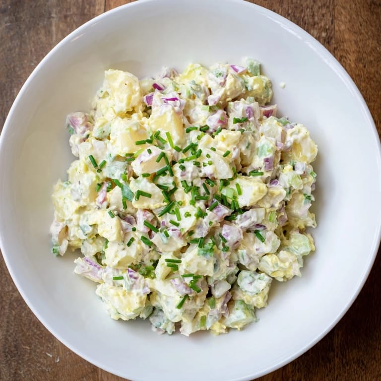 Close-up of fluffy Chopped Egg and Potato Salad, showcasing the bright colors and textures perfect for a picnic.
